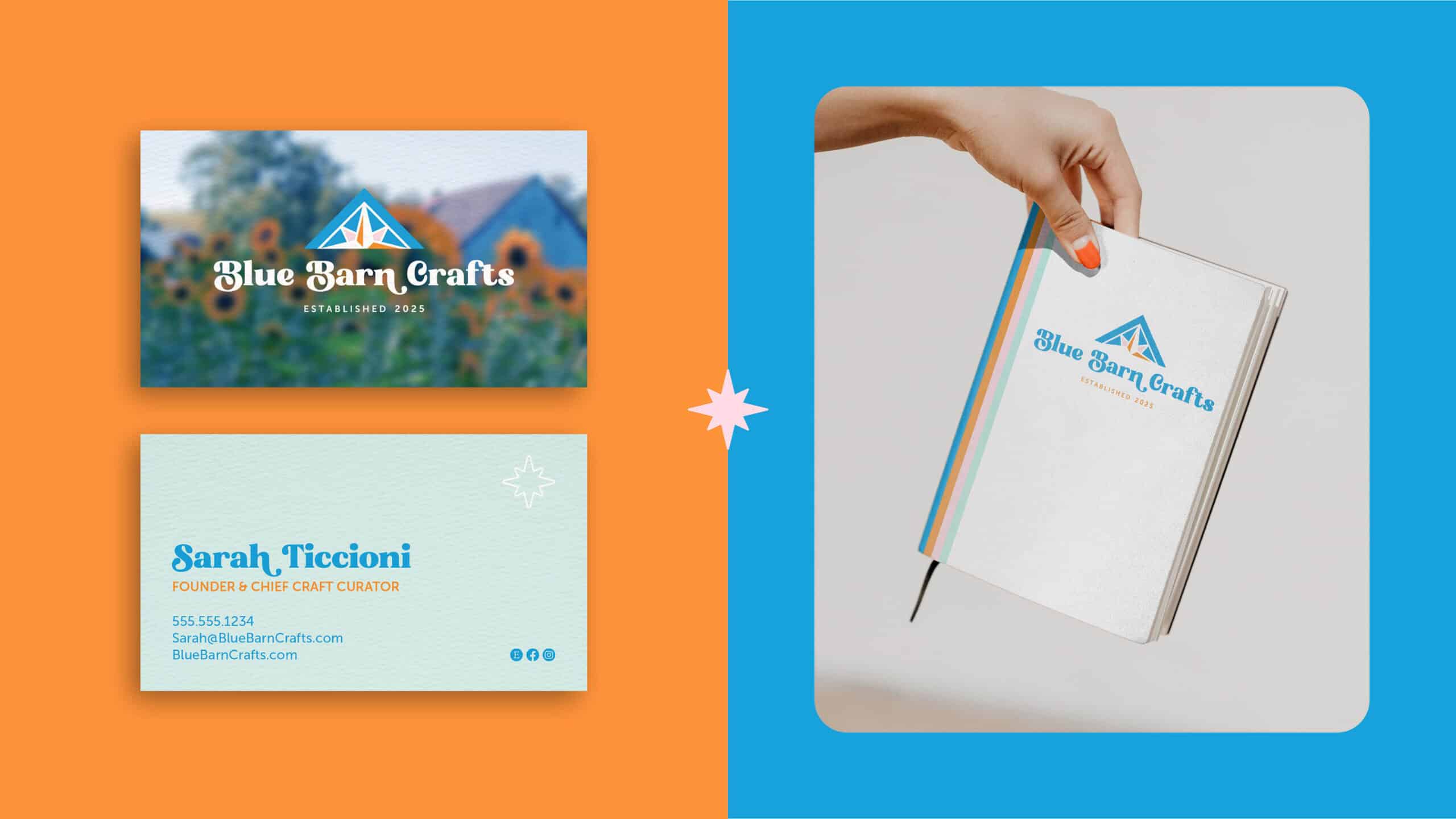 Blue Barn Crafts business card and sketchbook designs.