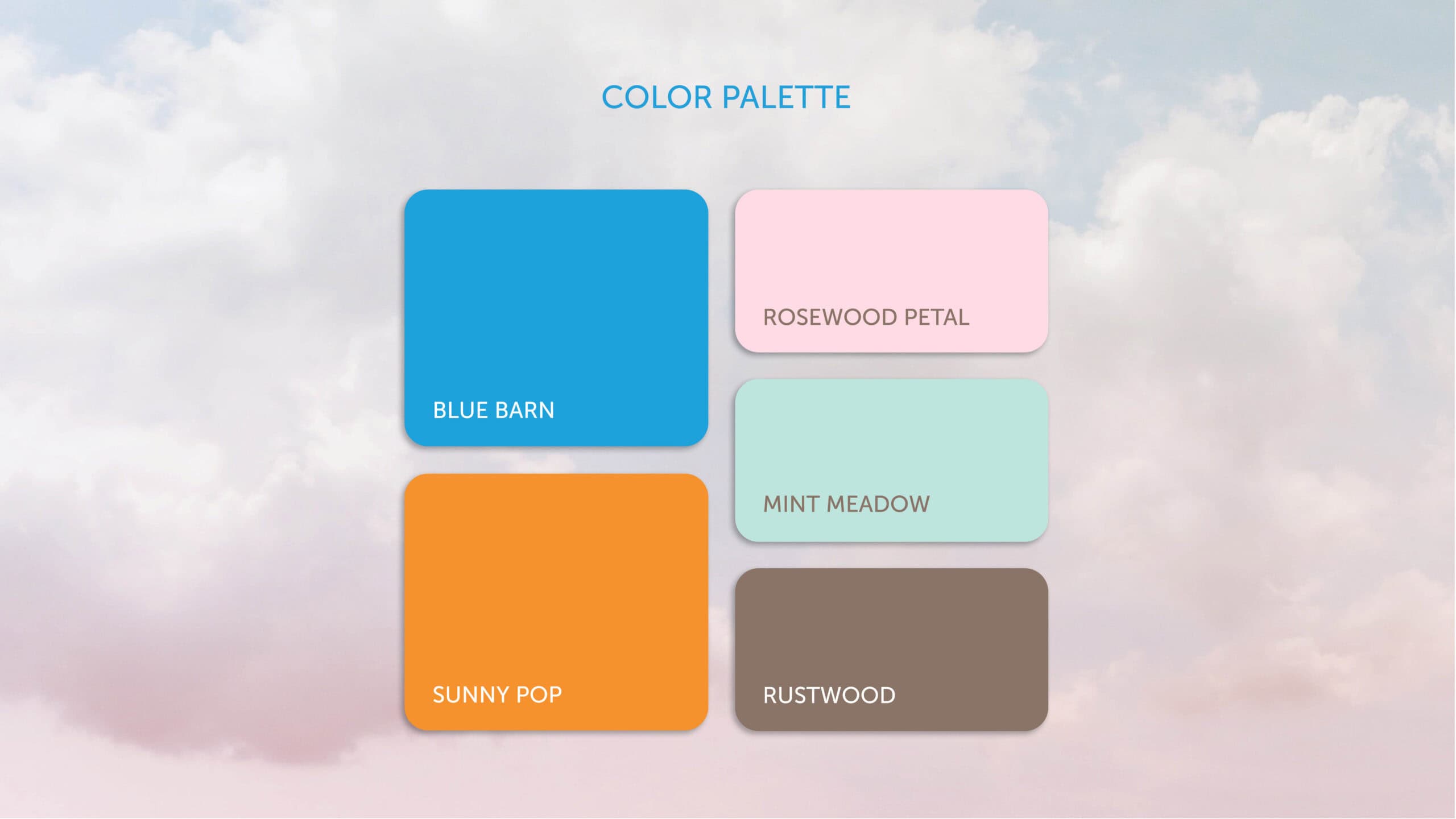 Blue Barn Crafts color palette with a background photo of clouds.