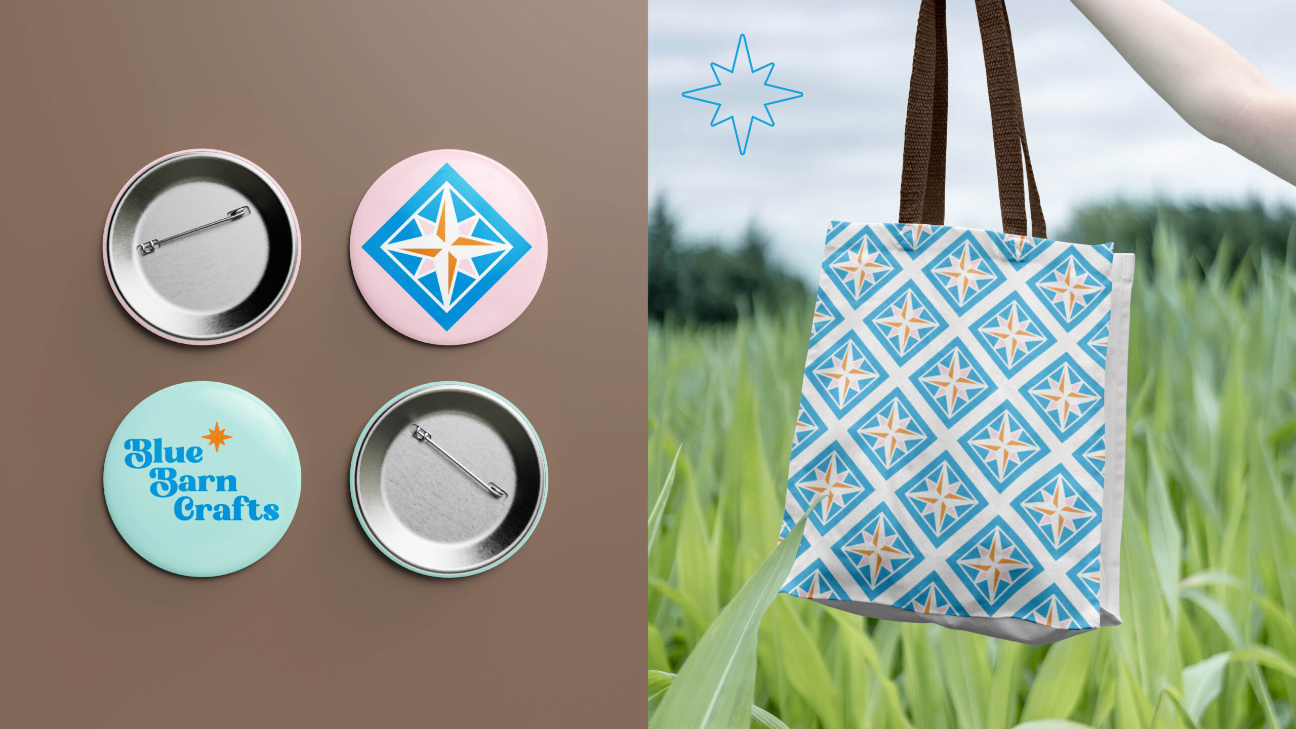 Blue Barn Crafts pin and tote bag designs.