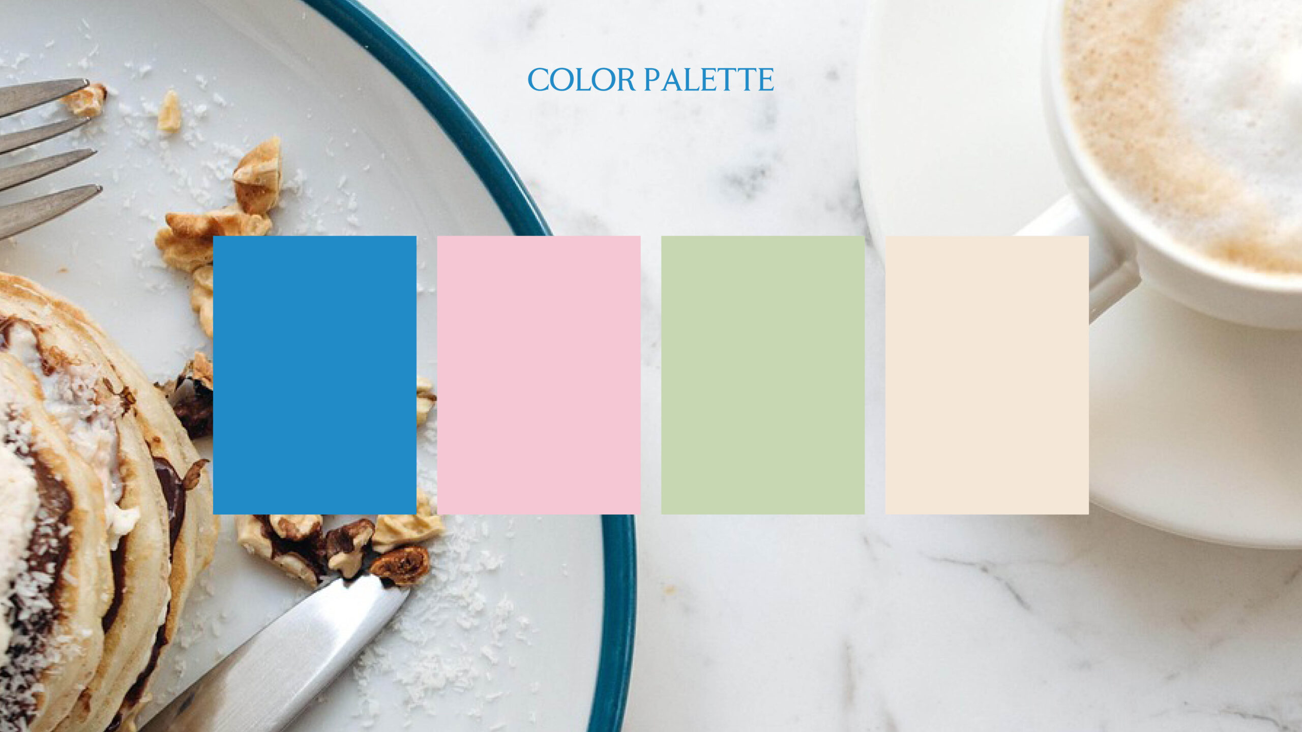 Caffè Fiore Italian Coffee Bar brand color palette with a background featuring breakfast and coffee.