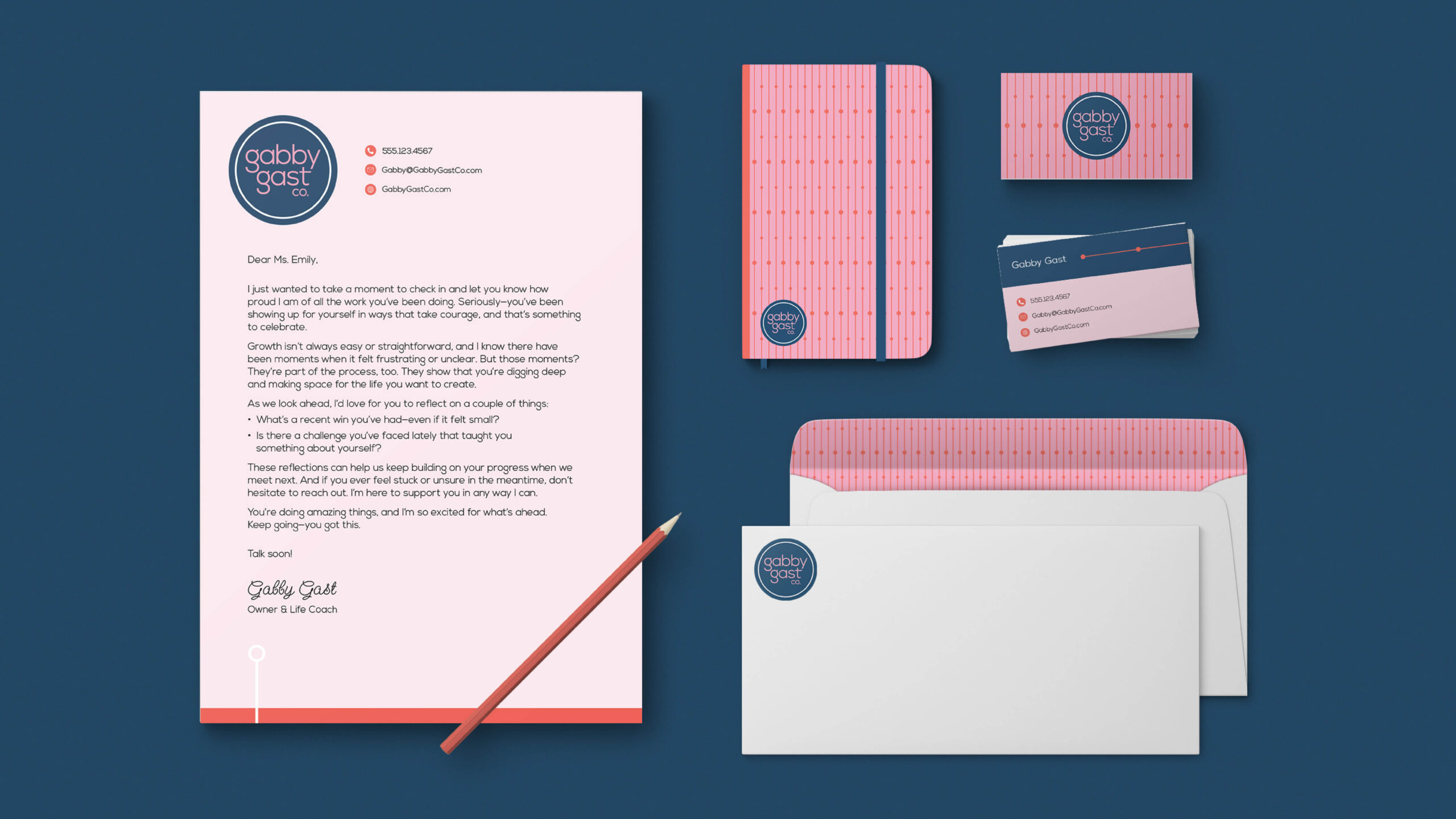 Gabby Gast Co. stationary, letterhead, envelopes, business cards, and notebook designs.