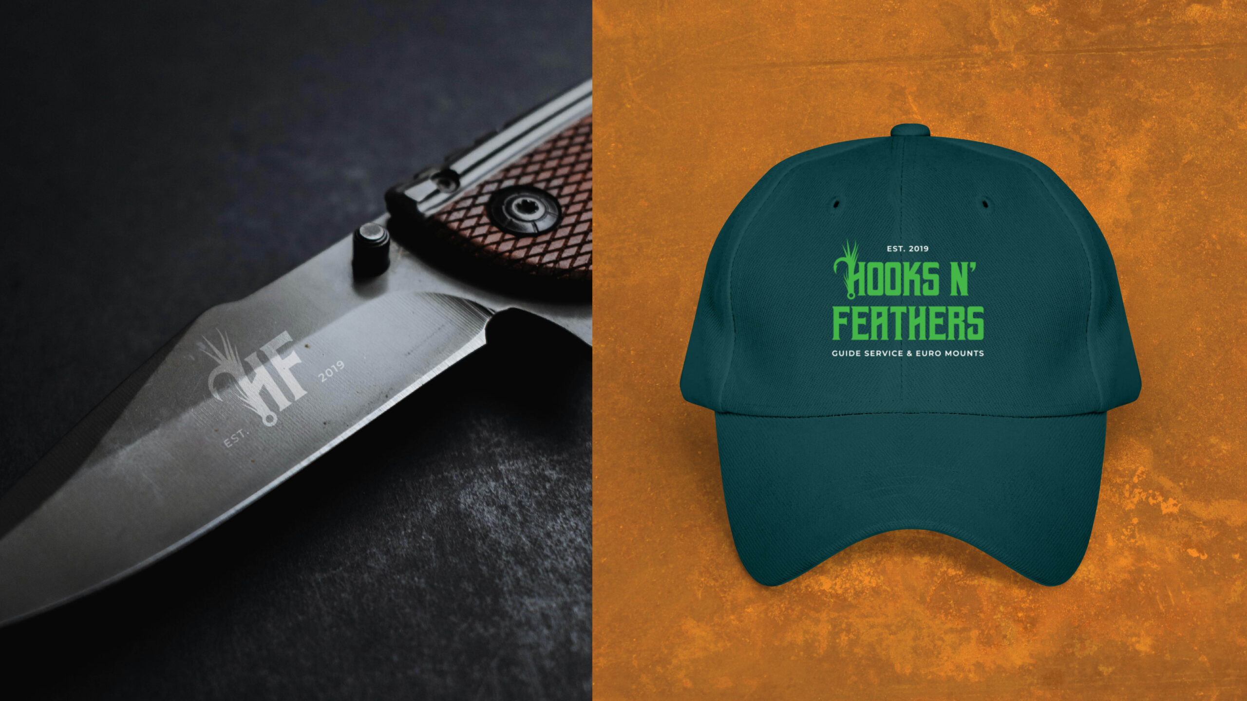 Hooks n' Feathers knife and hat design.