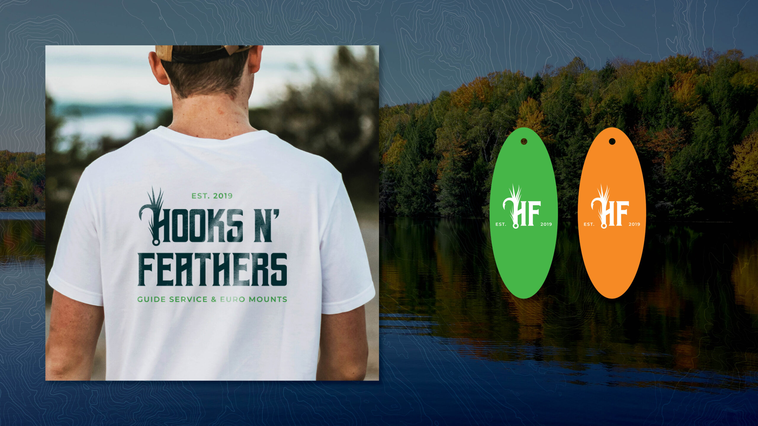 Hooks n' Feathers shirt and floating keychain designs.