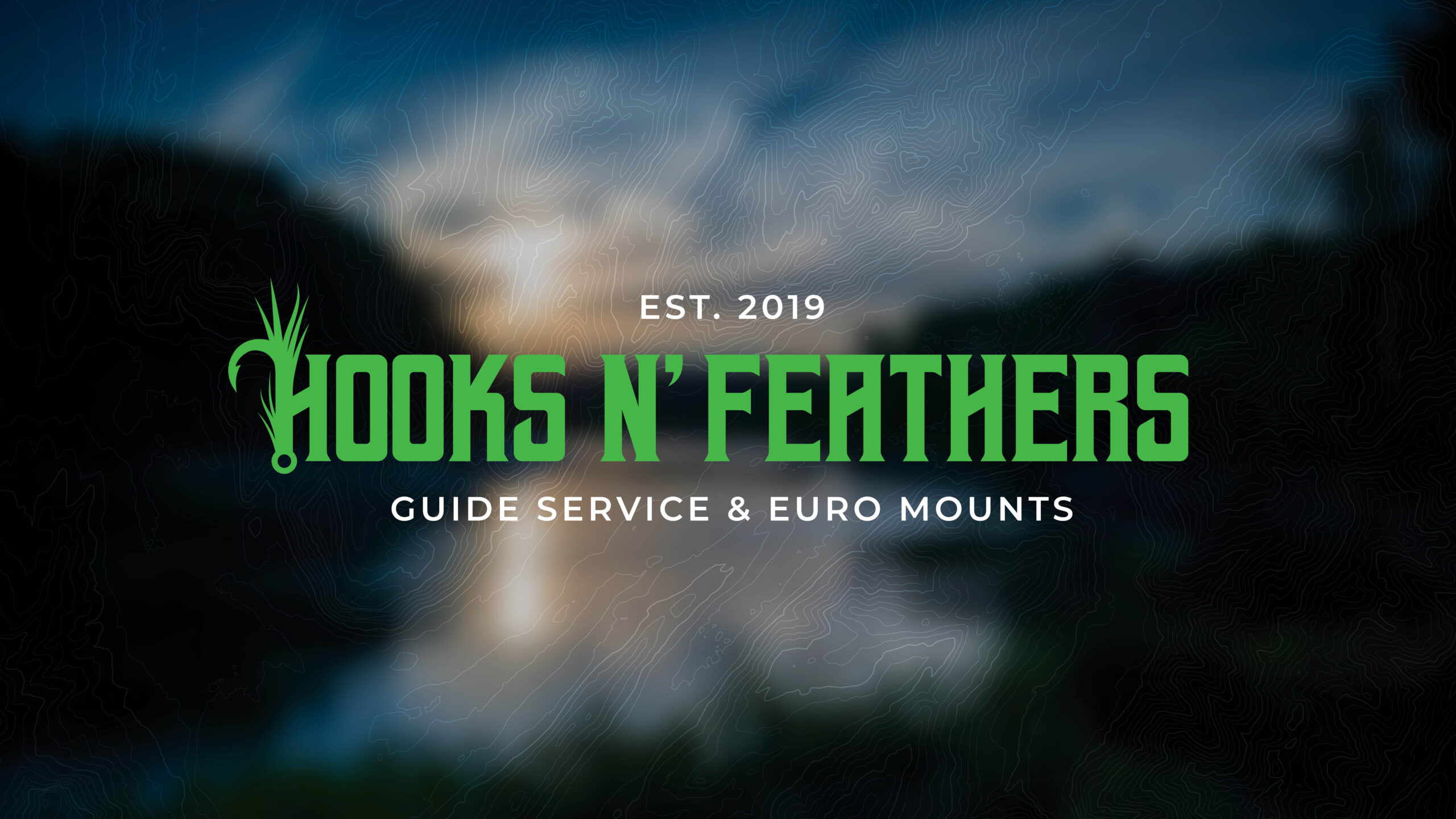 Hooks n' Feathers primary logo thumbnail with a blurred lake background.