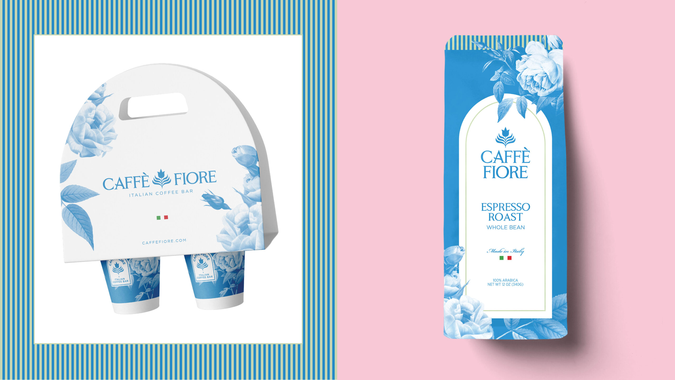 Caffè Fiore's to-go cup holder and espresso bag designs.