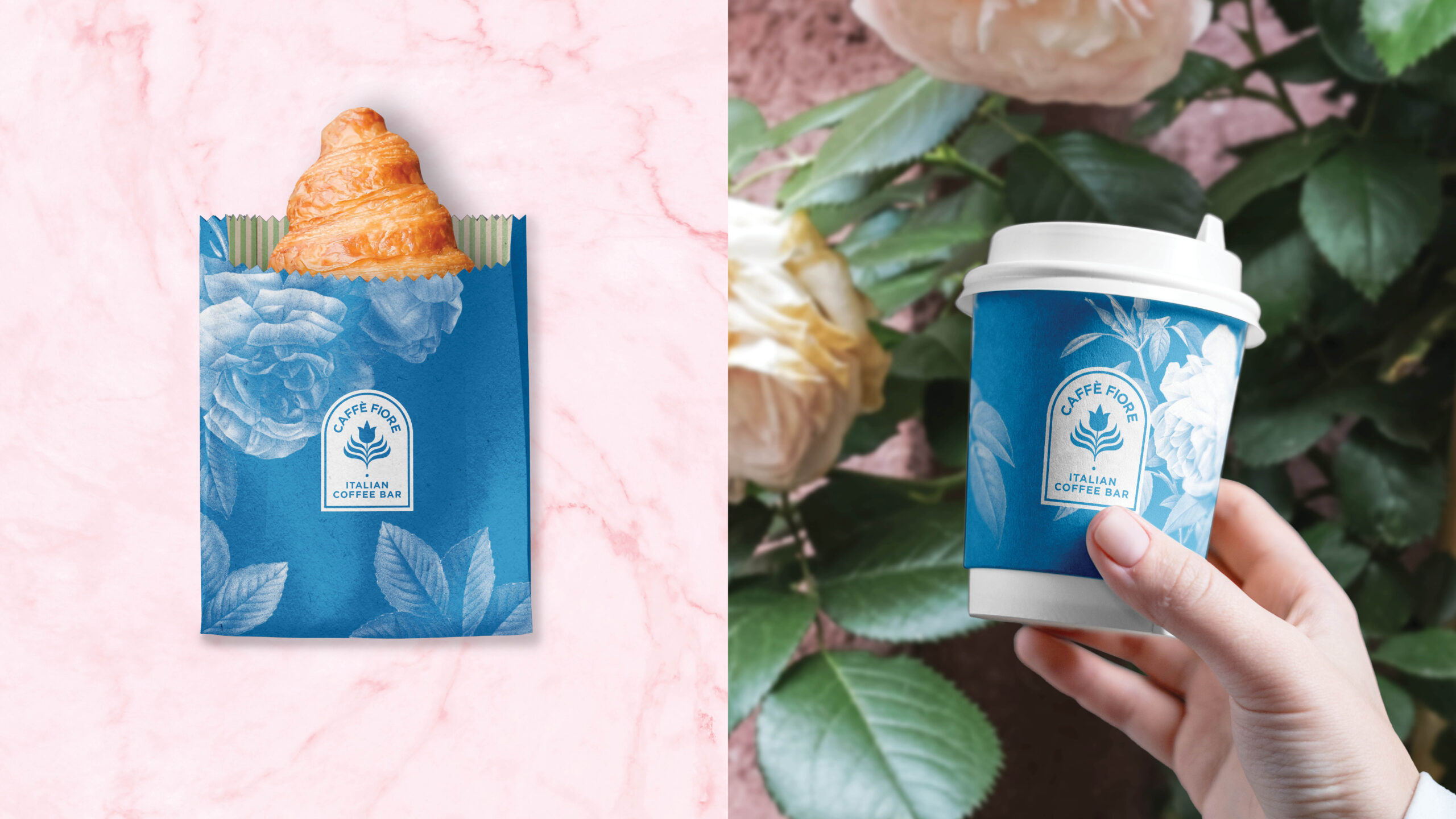Caffè Fiore's pastry bag and to-go cup designs.