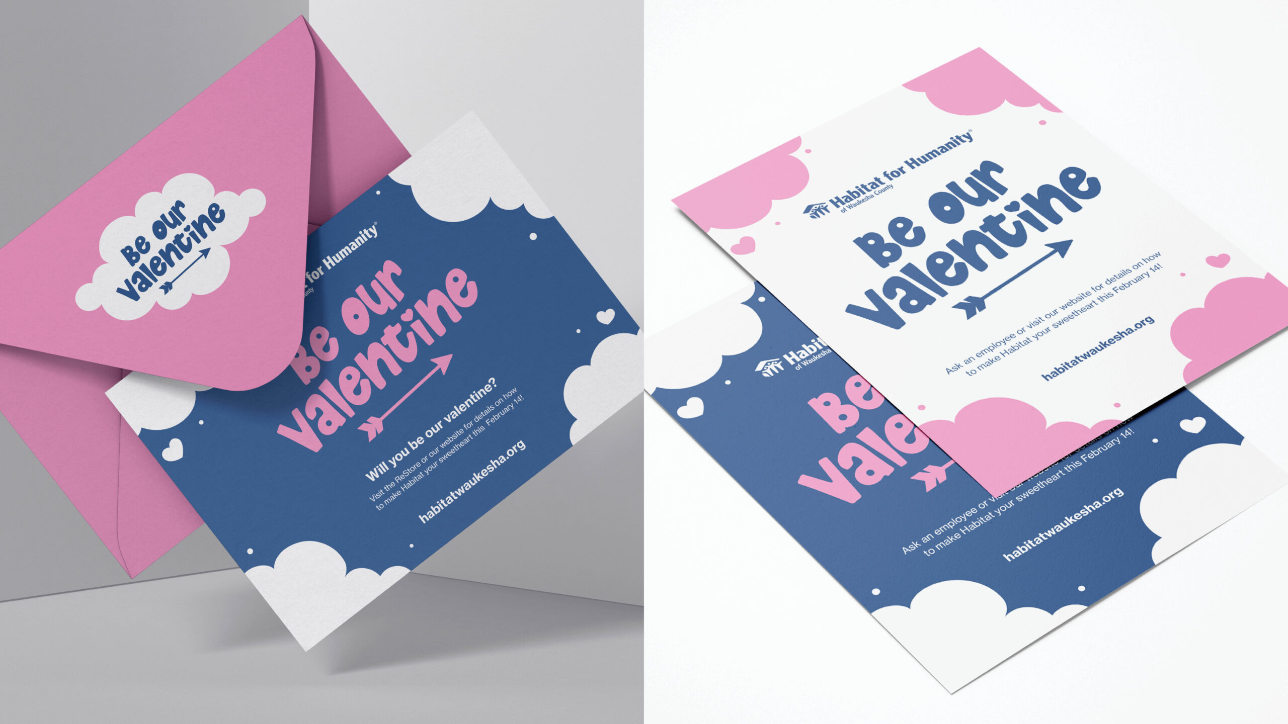 Habitat for Humanity of Waukesha County's Be Our Valentine fundraising campaign mailable card, envelope, and flyer.
