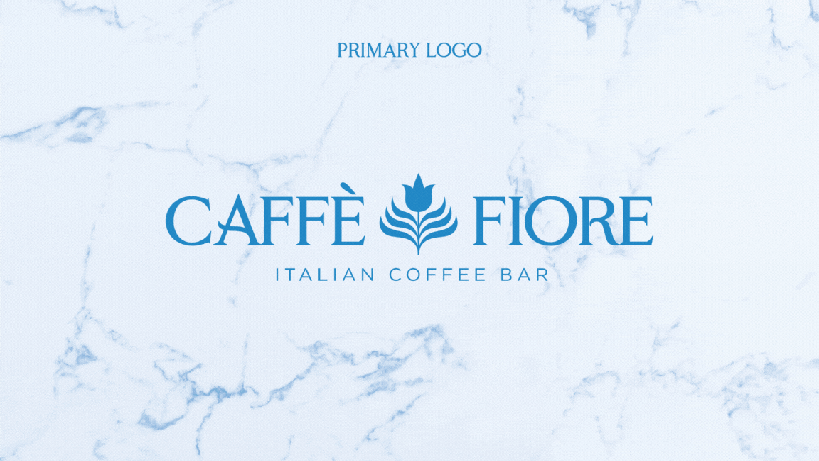 Caffè Fiore's logo suite, which includes a primary logo, secondary logo, emblem logo, monogram logo, and icon logo.