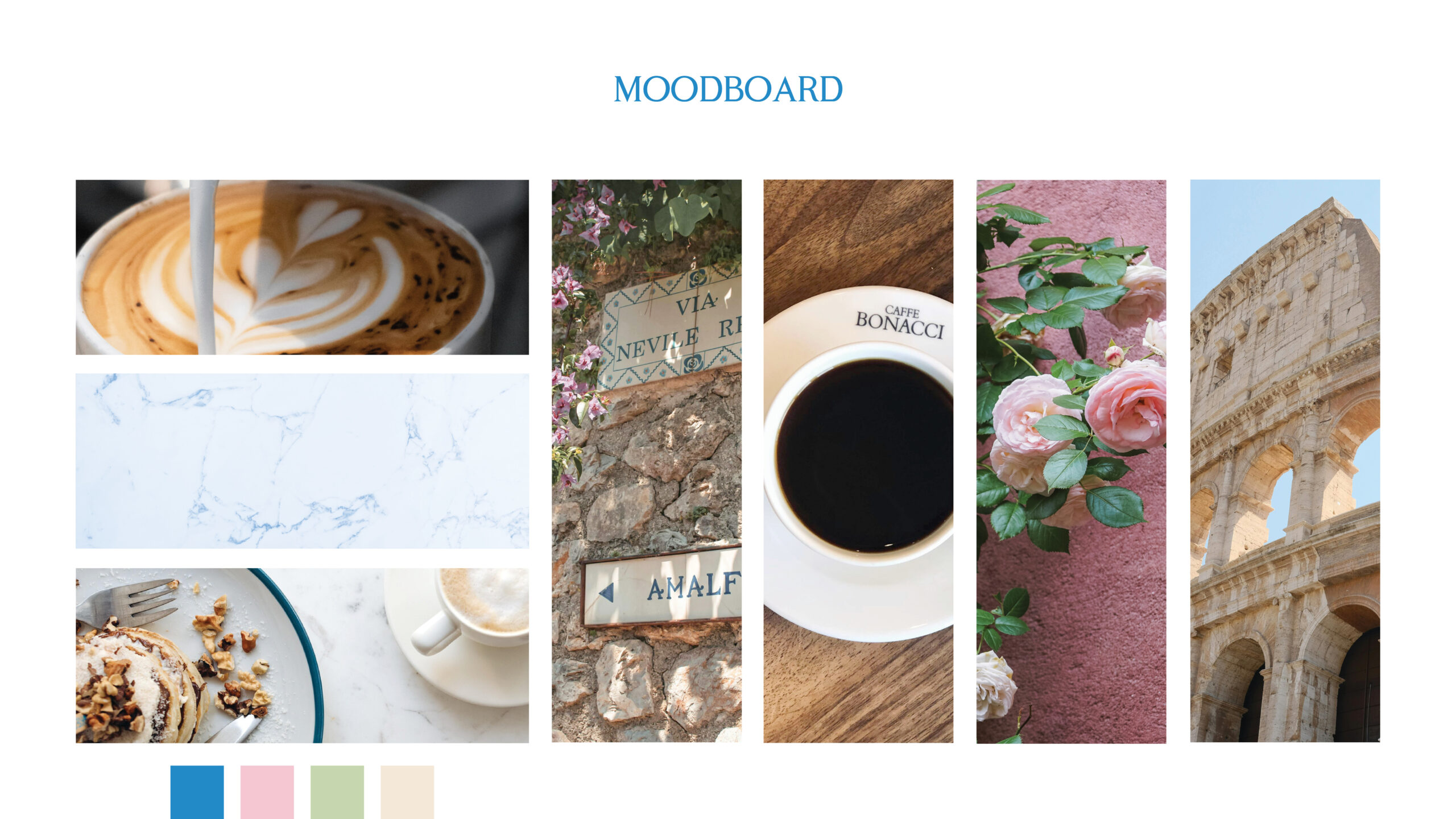 Caffè Fiore's moodboard which includes latte art, marble textures, traditional Italian breakfast, coffee shop cups and street signage showcasing serif typefaces, flowers on vines, and the arches of Rome.