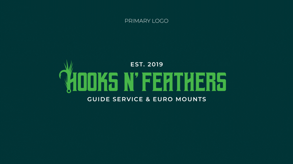 Hooks n' Feathers' logo suite, which includes a primary logo, secondary logo, and a monogram logo.