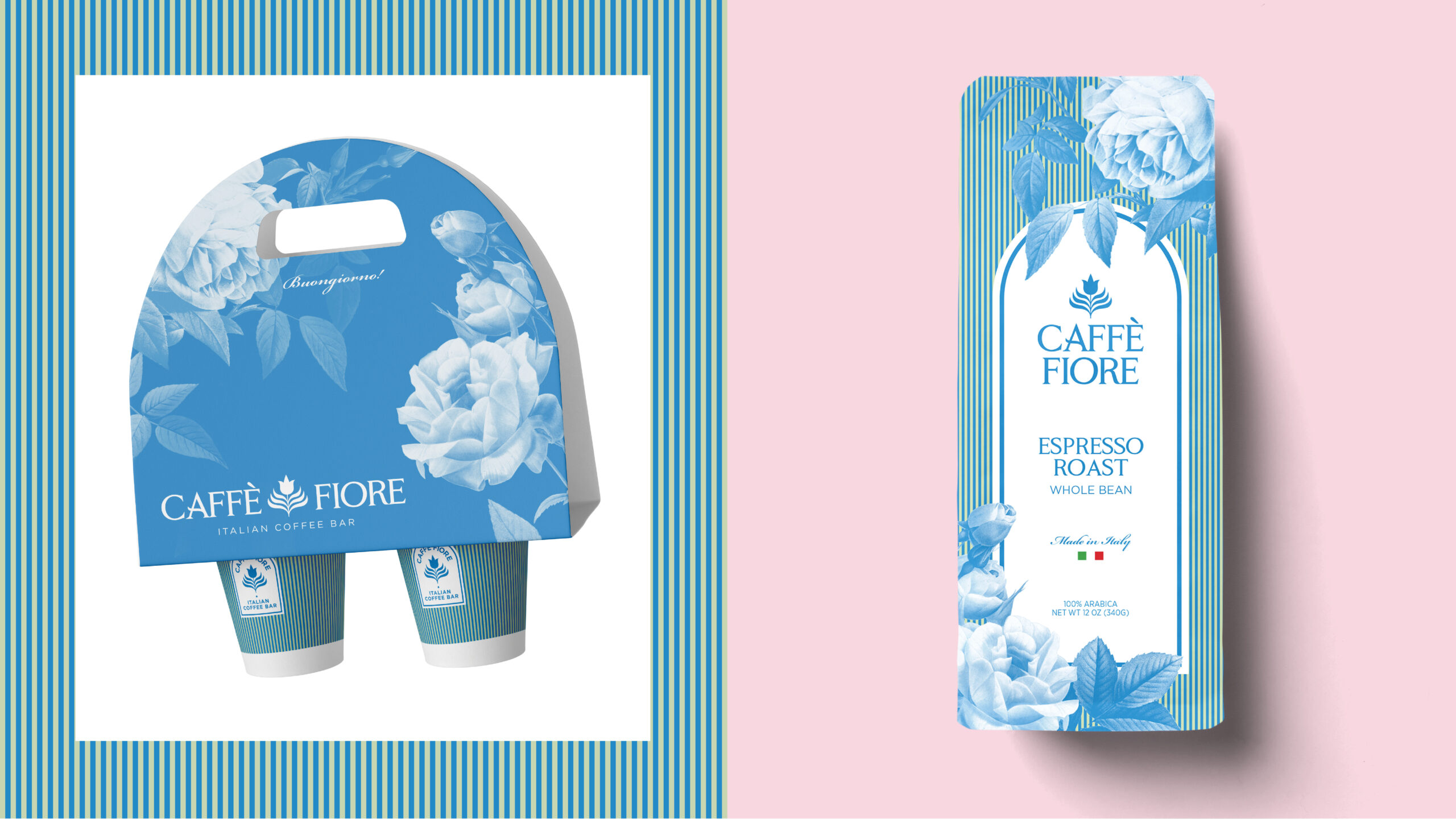 Caffè Fiore's to-go cup holder and espresso bag designs.