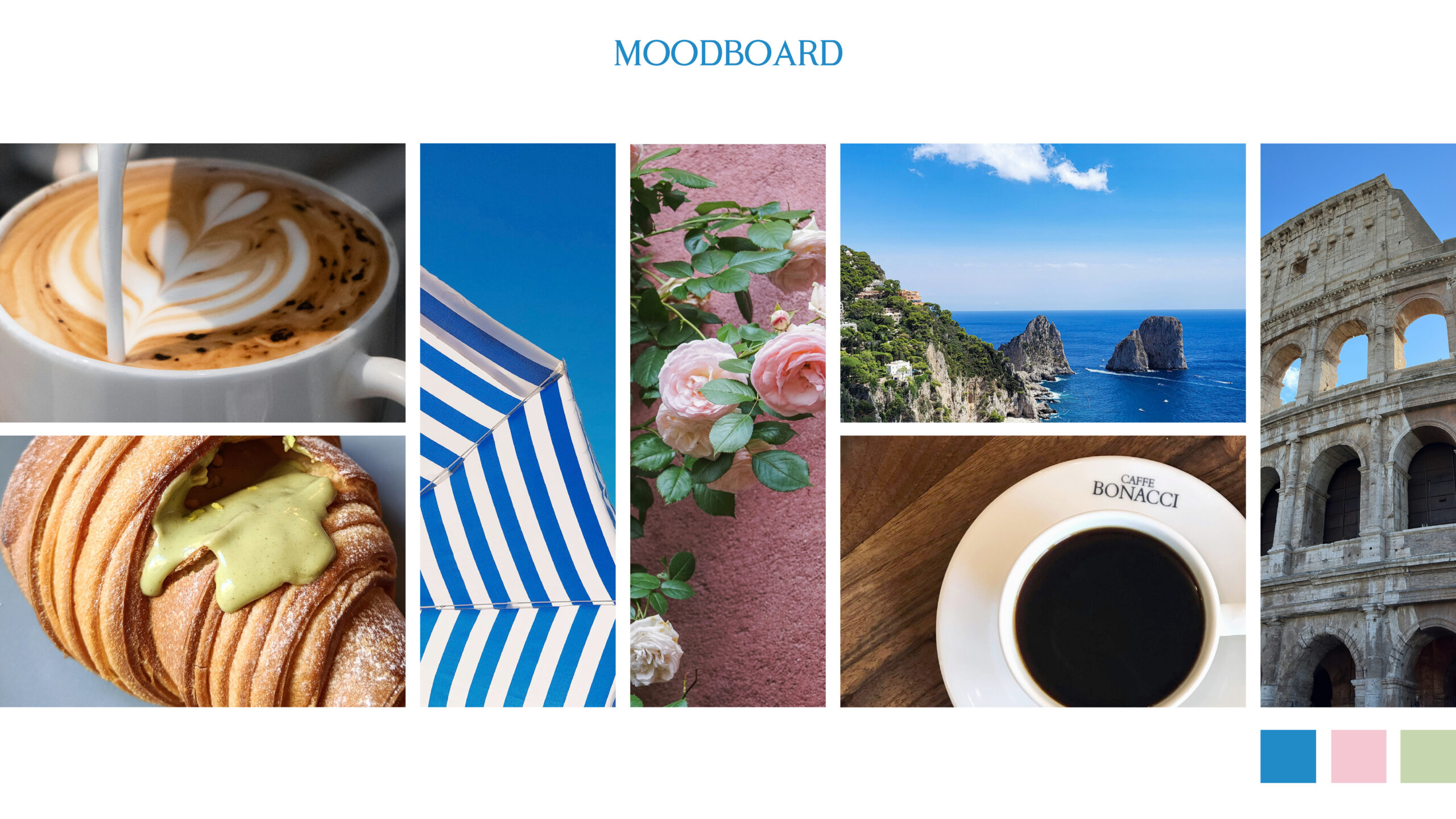 Caffè Fiore’s moodboard featuring latte art, pistachio-filled cornettos, striped beach umbrellas, flowering vines, the Italian coast, coffee cups with serif typefaces, and the arches of Rome.
