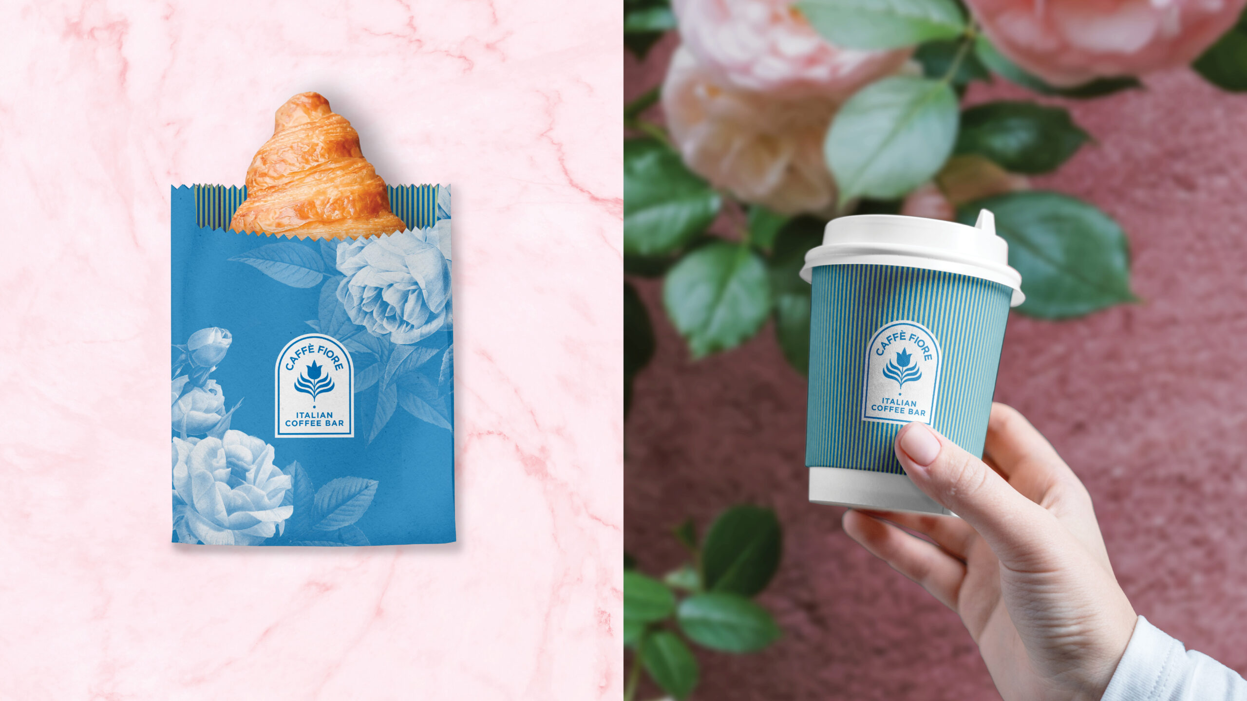 Caffè Fiore's pastry bag and to-go cup designs.