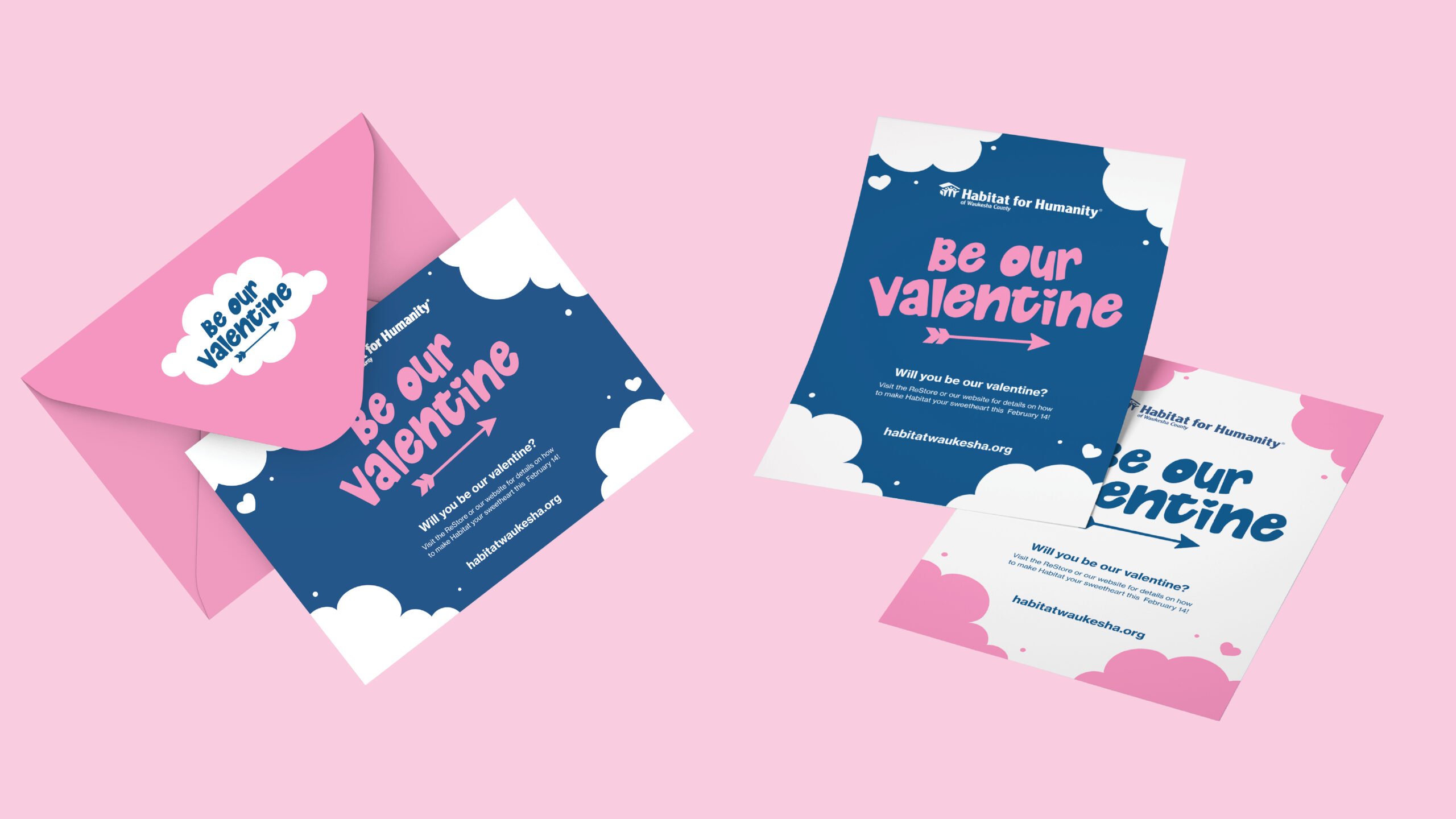 Habitat for Humanity of Waukesha County's Be Our Valentine fundraising campaign mailable card, envelope, and flyer.